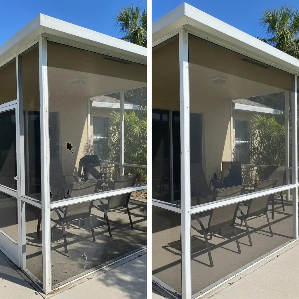 before and after lanai screen repair in Cocoa, FL residential patio area