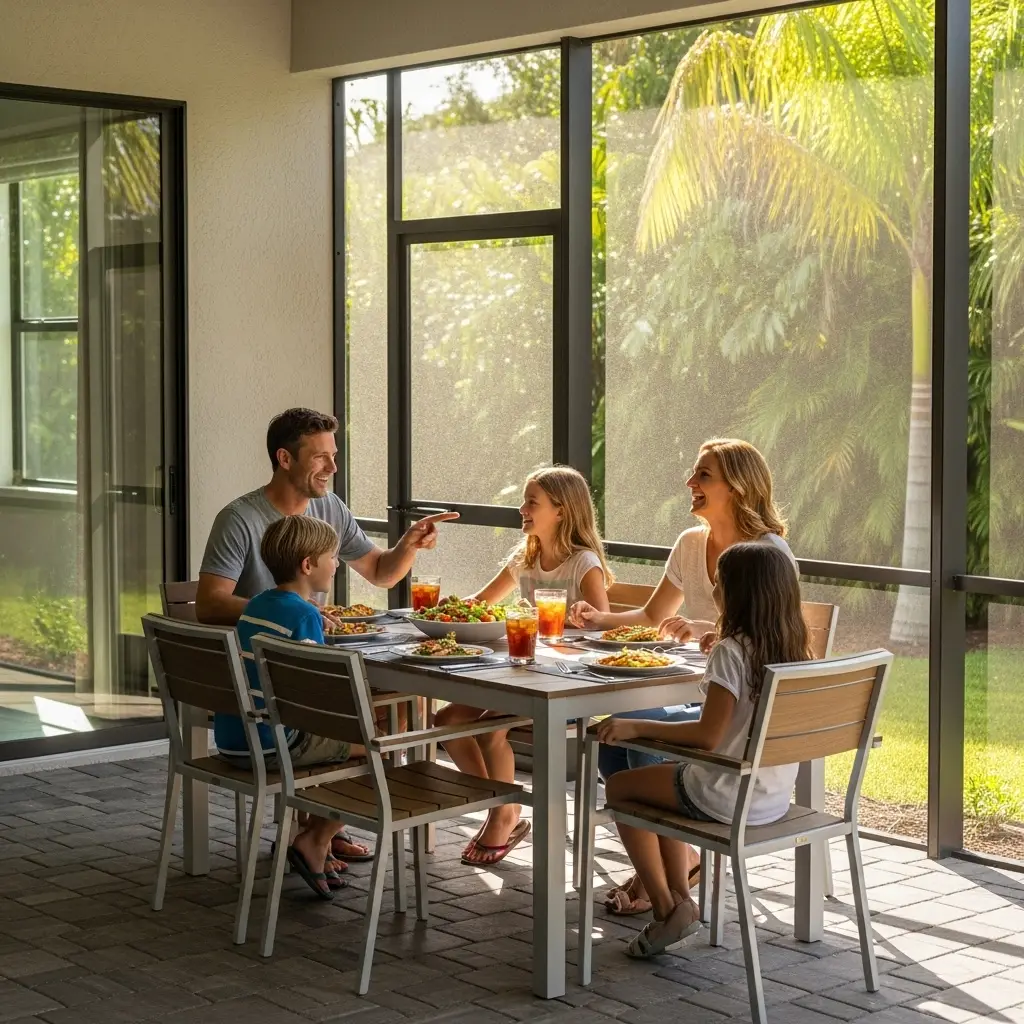 family enjoying meal inside screened patio enclosure in Cocoa, FL home