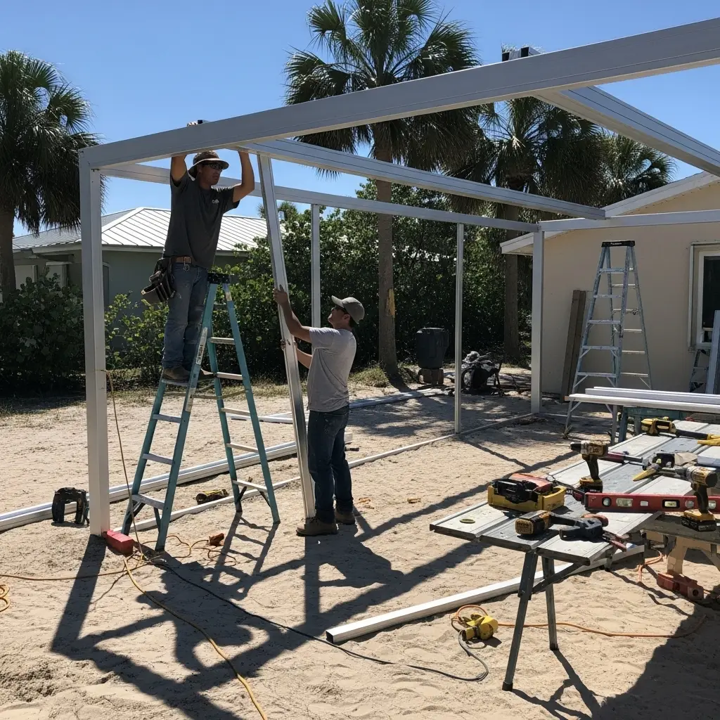 crew installing new patio screen enclosure frame in Cocoa, FL residential property