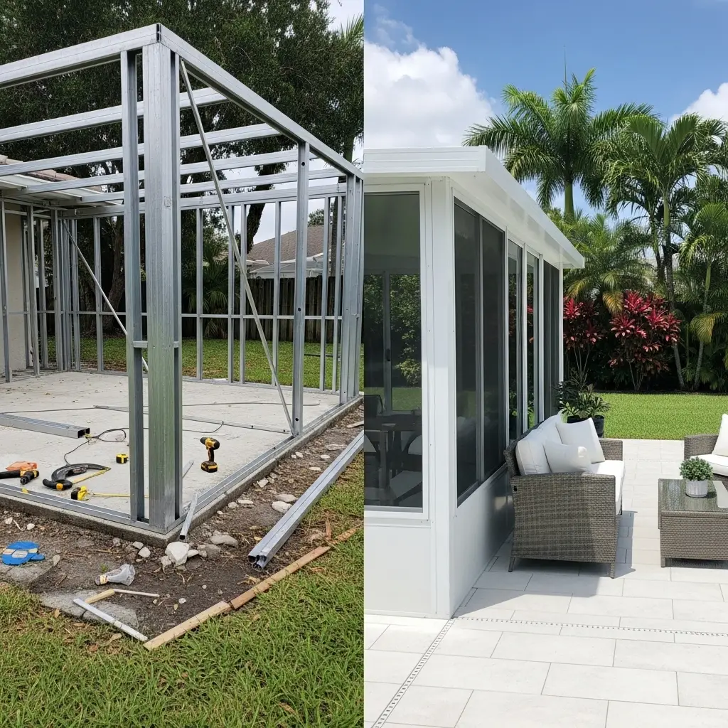 before and after pool cage rescreening in Cocoa, FL showing aluminum frame rebuild