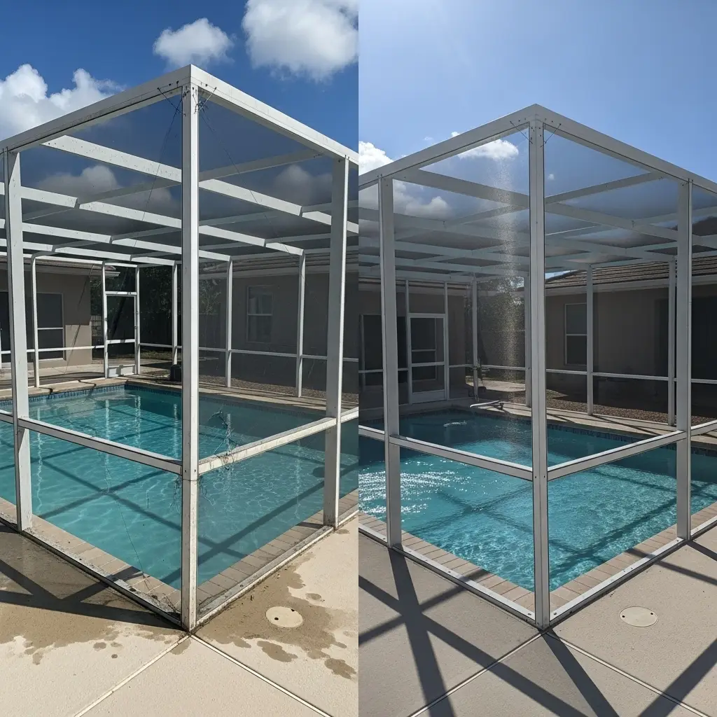 before and after pool enclosure screen repair in Cocoa, FL residential property