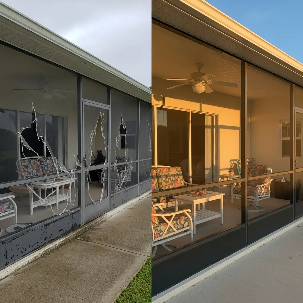 before and after porch screen repair in Cocoa, FL showing restored patio enclosure