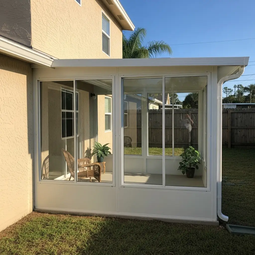newly built aluminum screen enclosure installation in Cocoa, FL residential backyard