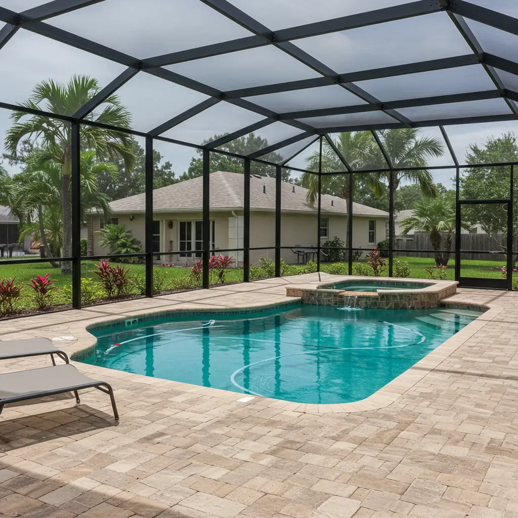 screen enclosure around residential pool and spa area in Cocoa, FL backyard